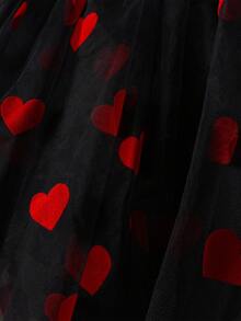 2pcs/Set Young Girl' Bubble Collar Short Sleeve Top And Heart Net Mesh Skirt Set, Spring/Summer