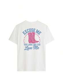 Camiseta de manga corta con cuello redondo y estampado personalizado de botas rojas de verano para mujer, estilo occidental.Camiseta casual de mujer con estampado rosa - Blanco 2 - Ver 3