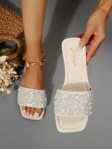 Women's Strap Rhinestone Sandals, Casual Versatile Outdoor Plastic Flat Slippers - White - View 1