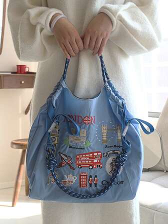1 st. ny avslappnad London City broderimönster lätt vikbar nylonväska med stor kapacitet, justerbar axelrem, lämplig för pendling och fester