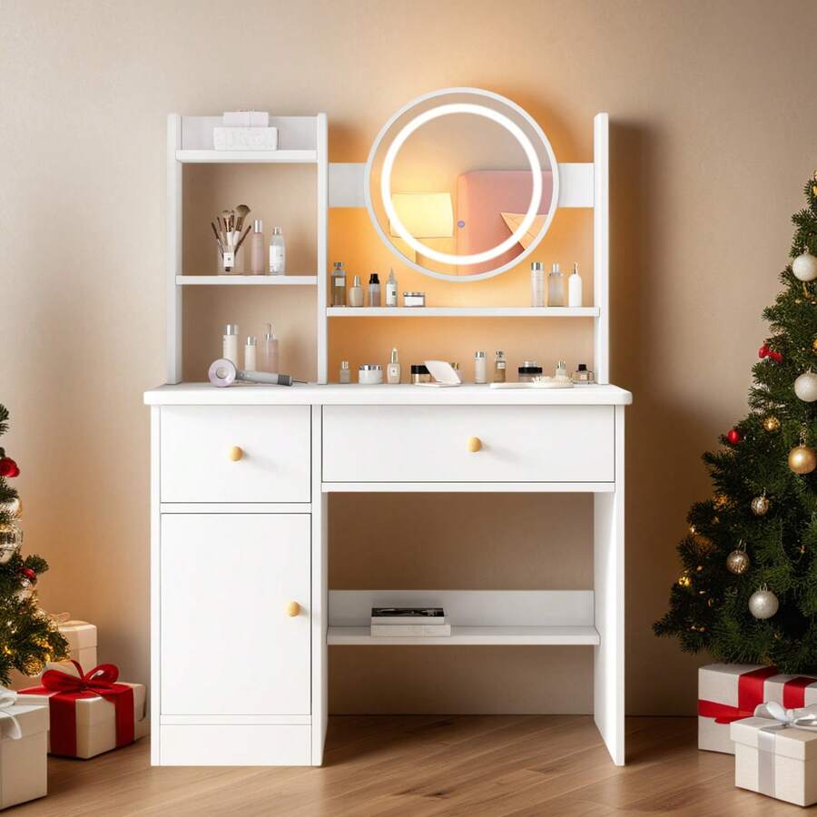 Dressing Table, Makeup Table With Drawers, Vanity Desk With Mirror And LED Lights, 3 Lighting Modes, Multifunctional Makeup Writing Desk For Bedroom - Xem 1
