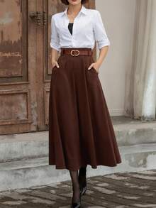 Versatile Casual Commute Solid Color High Waist A-Line Skirt - Reddish Brown - View 3