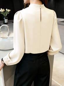 女士休闲轻便通勤翻领褶皱设计泡泡袖长袖衬衫，春秋季 - 杏色 - 查看 2