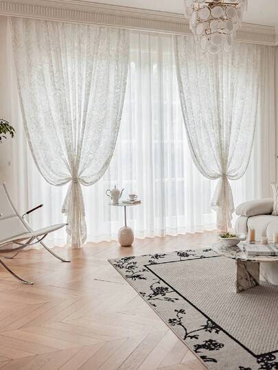 1 pieza Cortina moderna de estilo lujoso con bolsillo para barra, con diseño de hoja blanca en jacquard - Estilo de lino japonés, adecuado para sala de estar y dormitorio - Cortina traslúcida y con filtro de luz