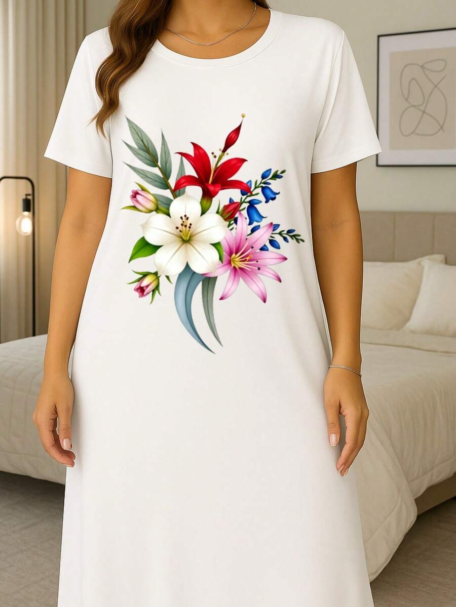 Red Floral Bouquet Nightdress For Women – Cozy Cotton Blend Sleepwear, Romantic Multi-Color Flower Print, Casual Home Nightgown, Plus Size Loungewear For Daily Relaxation & Gift - 白色 - 查看 1