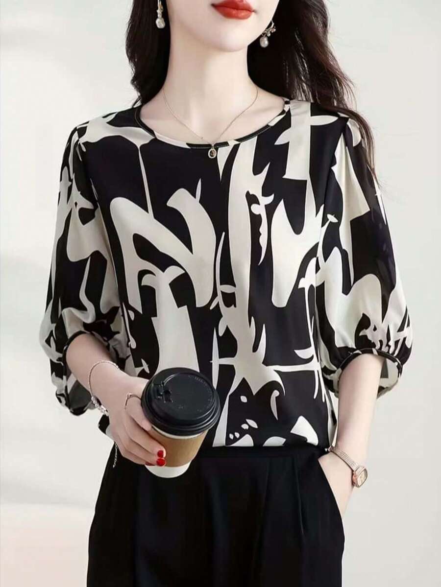 1件女士时尚优雅休闲简约中袖圆领印花衬衫，适合日常穿着和度假，春/夏/秋季 - 花色 - 查看 1