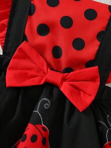 两件套：女婴可爱波点瓢虫印花连体衣，露肩荷叶袖，搭配波点帽子，夏季 - 彩色 - 查看 6