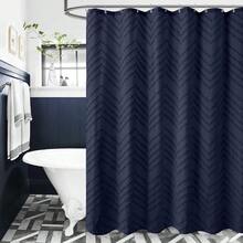 Cortina de ducha de tela azul marino diseño bohemio con diseño de cheuron a rayas texturizadas para baño granja estilo shabby chic impermeable con gancho sin arrugas - Azul Marino - Ver 6