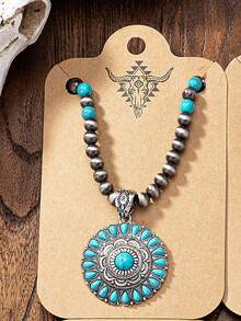 Western Necklace Jewelry Blue Turquoise Stone Necklaces For Women Faux Pearl Beaded Necklace Jewellery , Women Gift Cowgirl Style Holiday Jewelry Presents - Western-style Beaded Turquoise Pendant Necklace - View 2