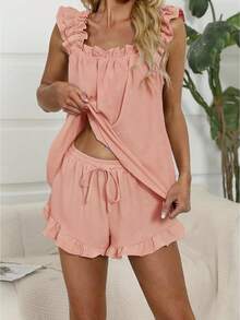 Women's Summer Lounge Set Ruffle Shoulder Strap Tank Tops Drawstring Shorts Sleepwear Sets - Màu Hồng  San hô - Xem 1