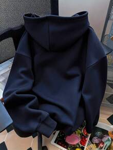 Áo nỉ chui đầu có mũ màu trơn, áo hoodie nữ dễ thương phong cách Y2K, trang phục mùa thu cho nữ đi học, áo hoodie tay dài vai rớt, thời trang mùa thu mới 2025 cho nữ, trang phục mùa đông cho nữ - Màu xanh hải quân - Xem 2