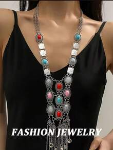 1 件长款波西米亚复古风格绿松石个性项链，复古银色调舞蹈表演毛衣链，适合女士 - 做舊復古 - 查看 1