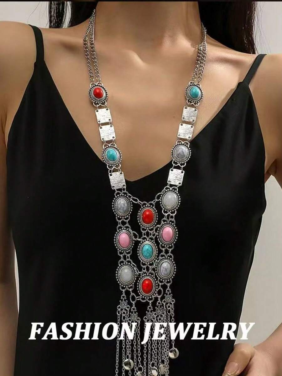 1 件长款波西米亚复古风格绿松石个性项链，复古银色调舞蹈表演毛衣链，适合女士 - 做舊復古 - 查看 1