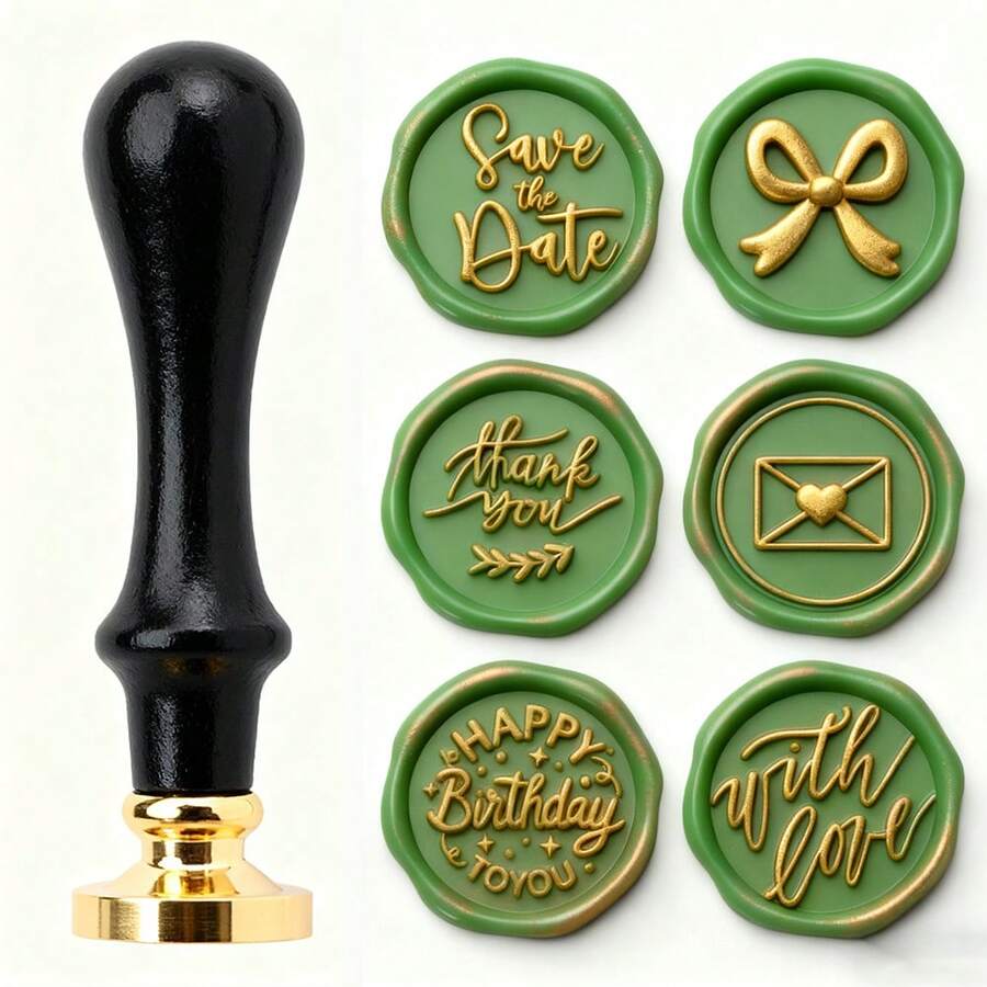 BAOFALI 1个蜡封头/7件套蜡封印章，包含“谢谢”、“生日快乐”、“爱意满满”等英文单词印章 - 英文单词蜡封印章 - 婚礼请柬蜡封 - 礼品包装蜡封