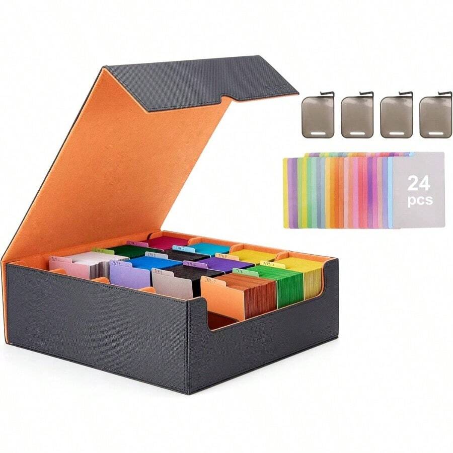 - Caja de almacenamiento de tarjetas con 24 pestaas divisoras coloridas, caja de cubierta de mtg, se adapta a tarjetas de juego mgicas negro y naranja - black y naranja - Ver 1