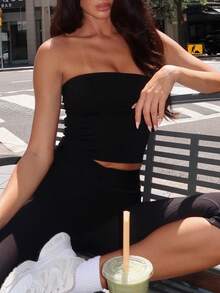 女士四季皆宜性感Y2K无肩带基础款纯色弹力修身黑色抹胸上衣 – 圣诞节和约会必备 - 黑色 - 查看 8