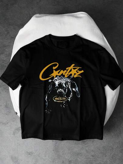 NEON DUSK 男士休闲时尚斗牛犬图案印花短袖T恤，日常休闲装