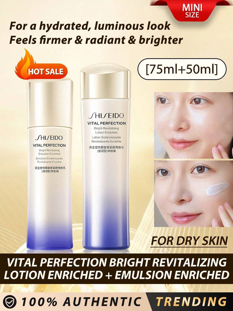 SHISEIDO [Mini] Sữa dưỡng da Vital Perfection Bright Revitalizing Lotion Enriched 75ml + Sữa dưỡng da Vital Perfection Bright Revitalizing Emulsion Enriched 50ml [DÀNH CHO DA KHÔ] / Đánh thức sức mạnh phục hồi của làn da để có vẻ ngoài tươi sáng, ngậm nước / Trải nghiệm vẻ ngoài trẻ trung hơn / Làn da săn chắc hơn, rạng rỡ hơn và hướng tới một tương lai tươi sáng hơn / Cải thiện rõ rệt tình trạng thâm nám và xỉn màu. - Đối với da khô: 75ml + 50ml - Xem 1