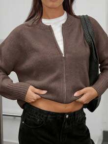 Áo khoác cardigan dệt kim cổ tròn, khóa kéo, màu trơn mới cho nữ, mùa xuân và thu, chất liệu mềm mại, thanh lịch, kiểu dáng rộng rãi, thoải mái, phù hợp cho các buổi đi chơi và đi làm, trang phục nữ mùa xuân năm mới. - Con lạc đà - Xem 1