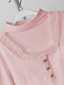 French Elegant Black Lace Long Sleeve T-Shirt, High-End Layering Top For Women, Spring - Pink - View 8