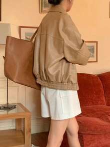 Women's Retro Casual Commuter Versatile PU Leather Jacket, Korean Design, Autumn/Winter - Khaki - View 4