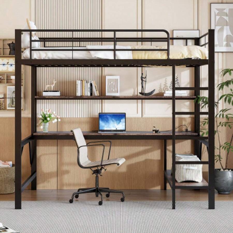 Hochbett, 140*200 Cm, Geländer, Trittleiter, Mit Usb Und Steckdose, Mit LED-Luchten, Schreibtisch, Mehrstöckiges Regal, Ohne Matratze, Metall, Schwarz