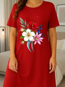 Red Floral Bouquet Nightdress For Women – Cozy Cotton Blend Sleepwear, Romantic Multi-Color Flower Print, Casual Home Nightgown, Plus Size Loungewear For Daily Relaxation & Gift - 紅色 - 查看 1
