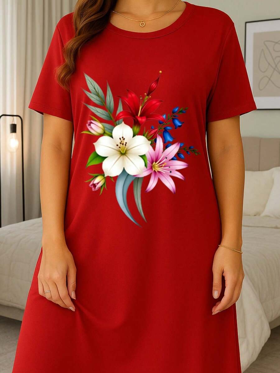 Red Floral Bouquet Nightdress For Women – Cozy Cotton Blend Sleepwear, Romantic Multi-Color Flower Print, Casual Home Nightgown, Plus Size Loungewear For Daily Relaxation & Gift - 紅色 - 查看 1