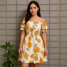 Short Dress Made From Duna Fabric With Short Sleeves. - Beige With Yellow Roses - View 2