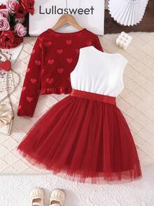 Valentine's Day Party Outfit For Girls - Ruffled Jacket Paired With Sleeveless Heart Pattern Mesh Dress, Elegant 2-Piece Set - Red - View 2