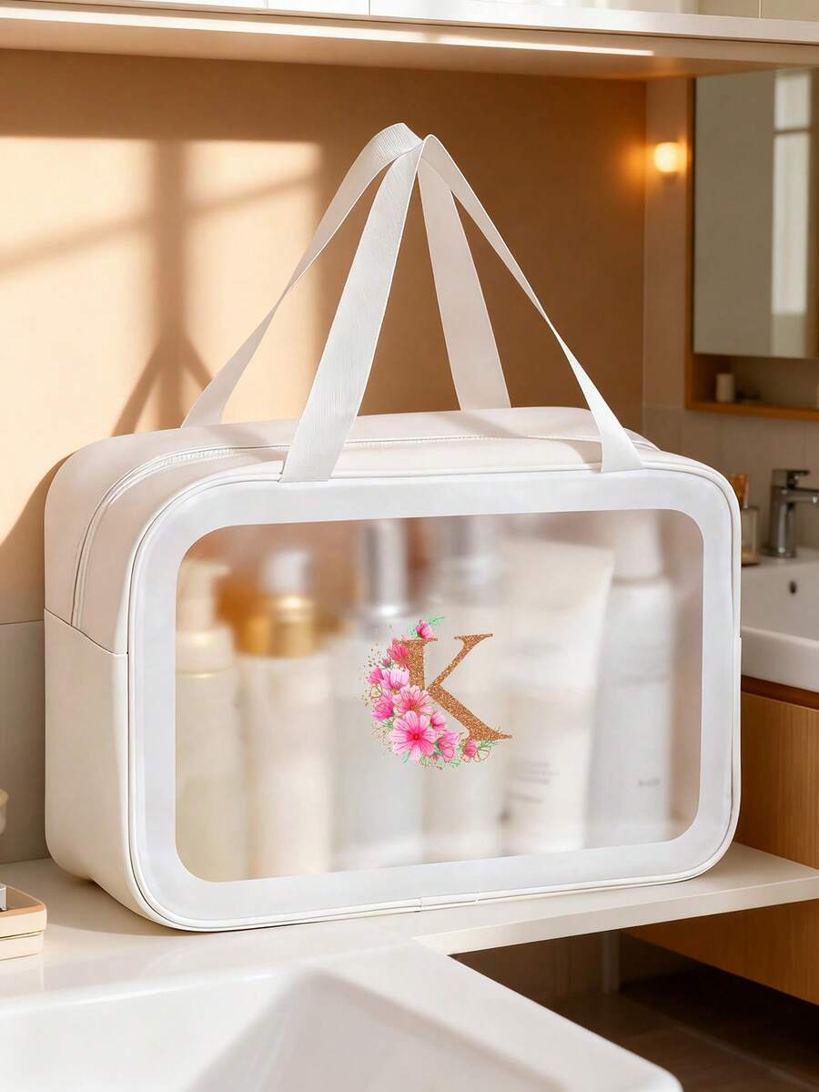 1个花卉字母A-Z旅行化妆包，大容量PU化妆包，护肤品和洗漱用品收纳袋，口红和化妆品收纳袋，防水家用医疗包，便携高端旅行包，简约优雅双色多隔层收纳包，适合女性、学生、旅行者，可作为礼物送给朋友、同学、老师、母亲、姐妹，生日、节日礼物 - 白色 - 查看 1