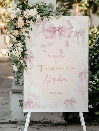 Personalized Pink Bow Baptism Welcome Sign - Customizable Name And Date, Pink & White Plastic Board, Suitable For Baptism Party Decor, DIY Baby Shower Signs, Communion Favors, Easy Assembly, Name/Number Tag Included ,Travel Organizer