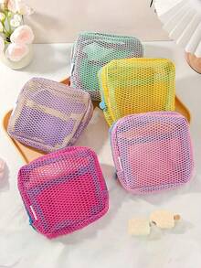1pc Dopamine Mesh Tofu Cosmetic Bag Coin Purse Lanyard Needs To Be Ordered Separately, Randomly Sent, Portable Breathable Cosmetic Lipstick Storage Bag, Makeup Bag, Portable Travel Bag, Coin Purse, Lipstick Bag, A Small Holiday Gift For Girls, Highly Attractively Storage - Multicolor - View 3