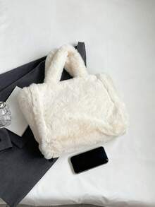 New Autumn Beige Large Capacity Plush Tote Bag, Fashion Minimalist Design Women's Shoulder Bag For Students, Daily Commute - Beige - View 7