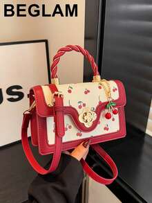 Fashionable High-End Ladies Square-Shaped PU Handbag, Multifunctional Cute Cherry Printed Shoulder Bag, Suitable For Shopping, Dating, Crossbody Bag For Girls, Kawaii Cherry Elements - Burgundy - View 1