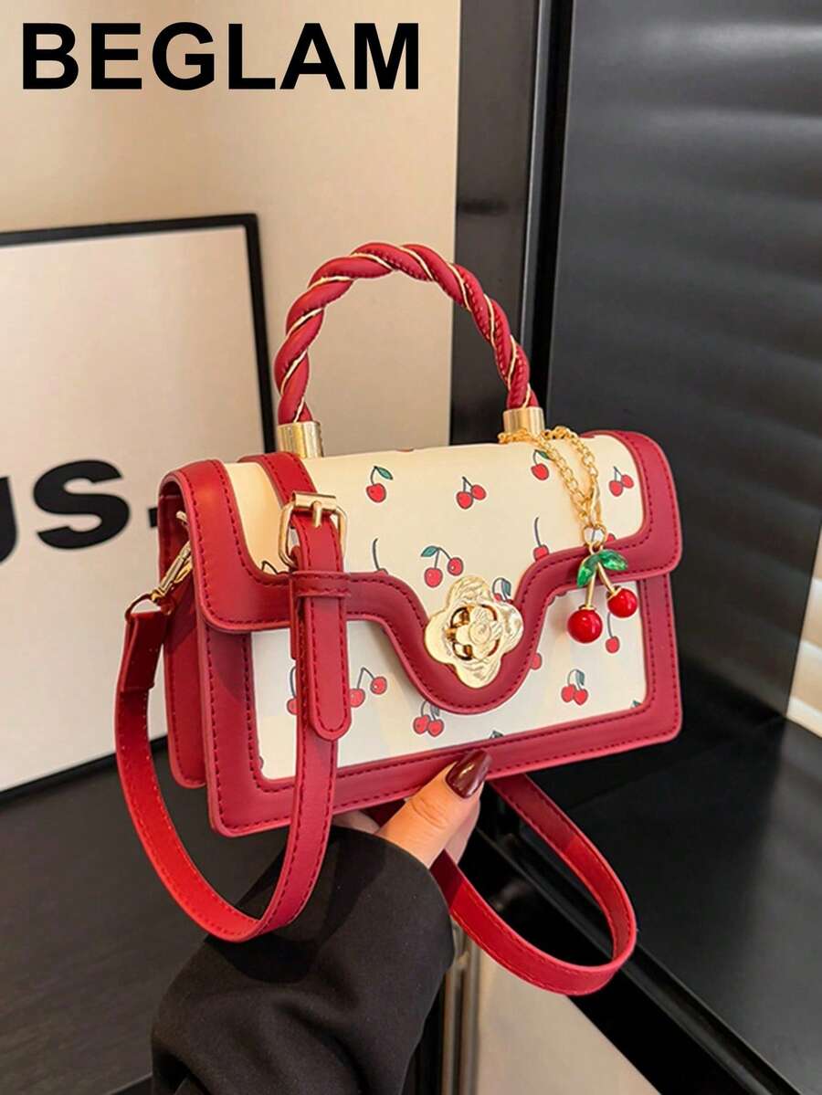 Fashionable High-End Ladies Square-Shaped PU Handbag, Multifunctional Cute Cherry Printed Shoulder Bag, Suitable For Shopping, Dating, Crossbody Bag For Girls, Kawaii Cherry Elements - Burgundy - View 1