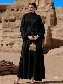 Women Middle East Solid Color Comfortable Casual Cardigan Vest Dress Two Pieces Set, Without Headscarf, Autumn/Winter - 黑色 - 查看 9