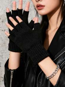 1 par varma fingerlösa stickade handskar, lämpliga för utflykter, dejter, gatukläder på hösten/vintern - Svart - Visa 1