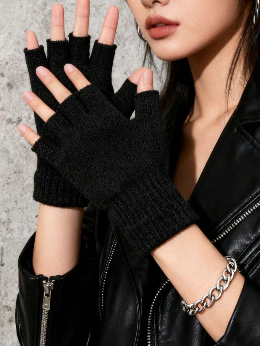 1 par varma fingerlösa stickade handskar, lämpliga för utflykter, dejter, gatukläder på hösten/vintern - Svart - Visa 1