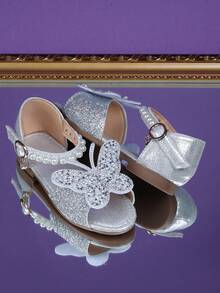 1双时尚百搭女童珍珠水钻蝴蝶结装饰可爱平底凉鞋，圆头设计，适合日常穿着、跳舞、户外活动，亮片装饰闭趾公主鞋，春秋季款 - 銀色 - 查看 13