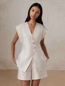 2pcs V-Neck Vest Suit For Women, Commuting Casual Fashion Slimming Versatile Top & Shorts Set - Apricot - View 10