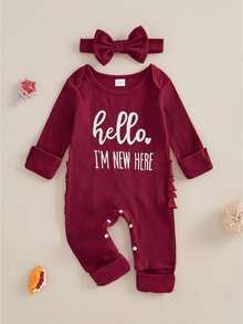 Newborn Baby Girls Rompers Knit Round Neck Long Sleeve Infant Fall Jumpsuits With Headband Coming Home Outfit - 紅色 - 查看 1