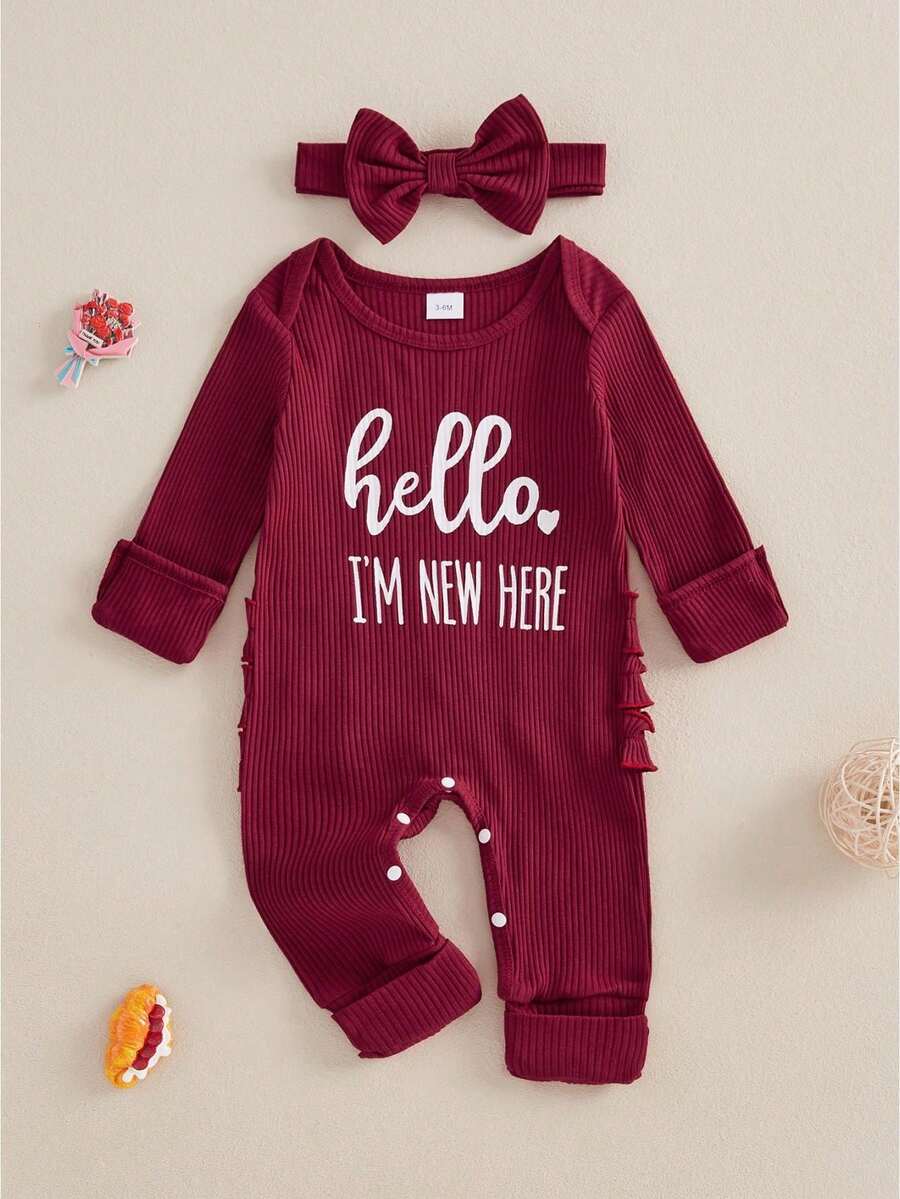 Newborn Baby Girls Rompers Knit Round Neck Long Sleeve Infant Fall Jumpsuits With Headband Coming Home Outfit - 紅色 - 查看 1