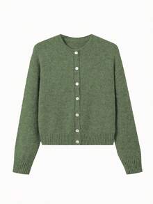 Sylvia Women's Solid Color Basic Minimalist Button-Up Round Neck Loose Soft Knit Cardigan, Suitable For Daily Commute, Work, Travel, Afternoon Tea, New Year - Green - View 6