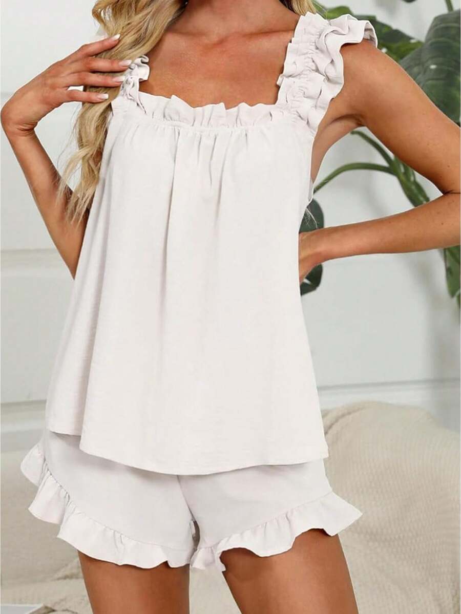 Women's Summer Lounge Set Ruffle Shoulder Strap Tank Tops Drawstring Shorts Sleepwear Sets - Beige - View 1
