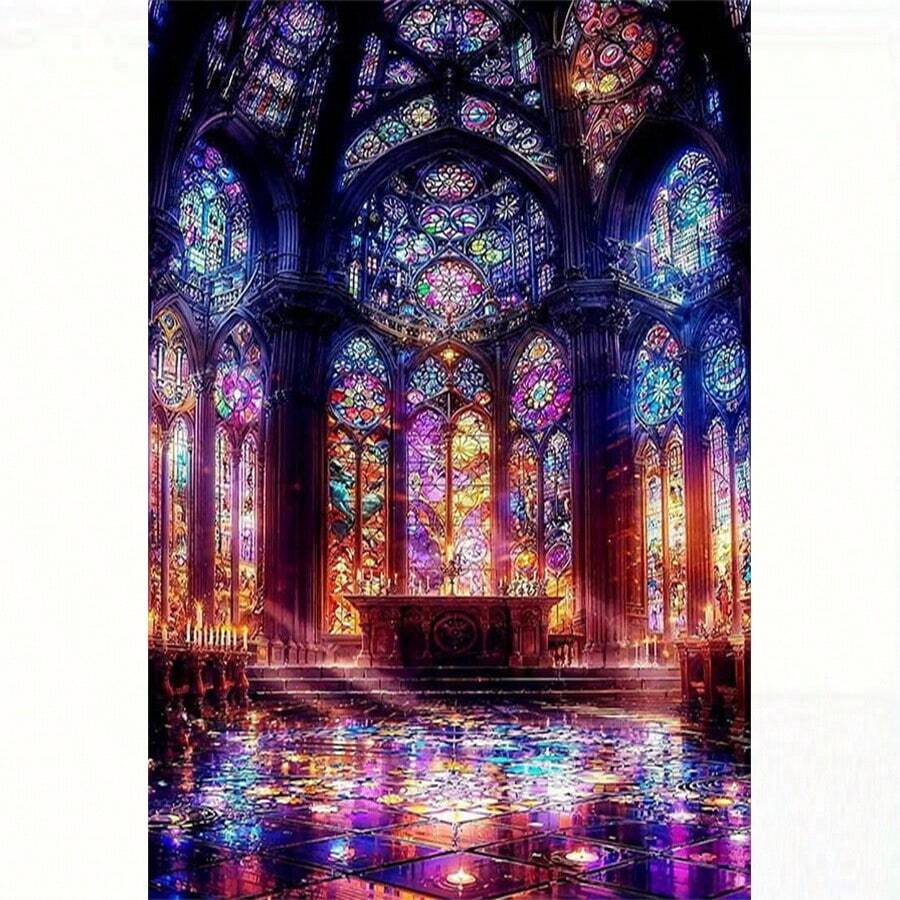 1pc 5D DIY Diamond Painting Kit - Gothic Cathedral Stained Glass Diamond Painting, European Vintage Architecture Religious Art Diamond Embroidery, Christmas Decorations - Multicolor - View 1