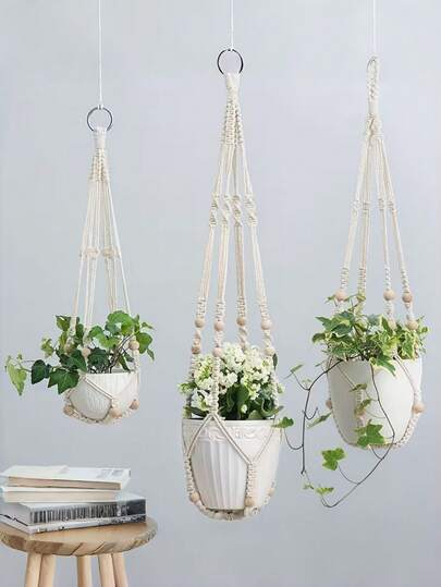 3 PiecesBohemian-Style Macrame Plant Hanging Rack With Beads - Lightweight Fabric Hanging Basket, Suitable For Indoor/Outdoor Use, No Tassels, Irregular Shape, Perfect For Home And Garden Decoration, Garden Decoration: Bohemian-Style: Exquisite Weaving