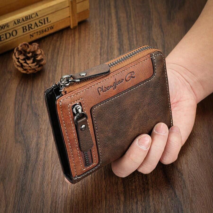 Retro-Style Multi-Functional Zipper Wallet, Stylish Men's Bi-Fold Wallet, Multi-Functional Card Holder Young Men And Students, An Excellent Young Men. - màu đen - Xem 1