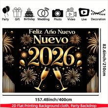 1pc 2D Flat Spanish New Year 2026 Party Banner - Elegant Black And Gold Balloons, Colorful Confetti And Champagne Design, Polyester Material With "Happy New Year" Text - A Durable Decoration Suitable For Various Occasions Such As Weddings, Birthdays, Anniversaries, Christmas, Valentine's Day, New Year's Eve, Etc. No Electricity Required, Multiple Sizes Available