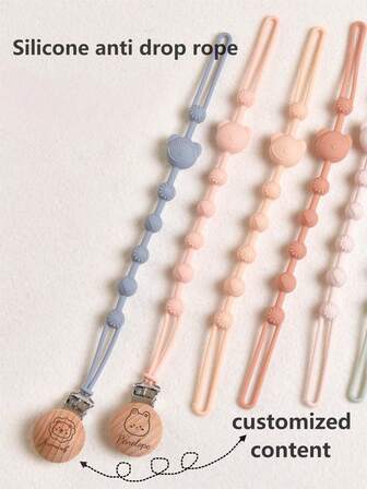 1-4 piezas Correa antiperidida de silicona personalizada para chupete, botella, mordedor, regalo personalizado, correa antiperidida con forma de oso, adecuada para clips de chupete personalizados para niños y niñas, clips de chupete de madera con nombre de niños personalizados